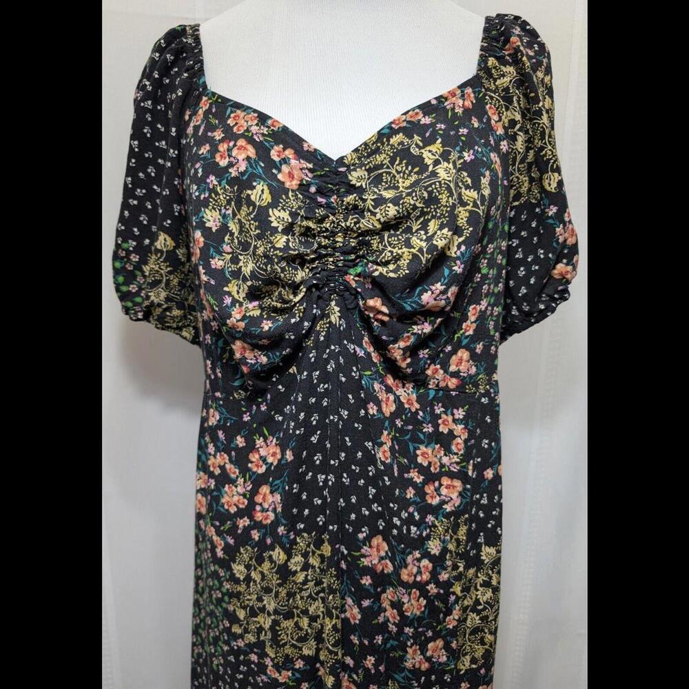 3rd+Malt Milkmaid Maxi Dress 1X Dark Floral Puff Sleeve Smocked Slit Whimsigoth